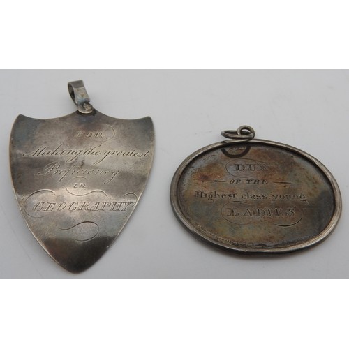 353 - TWO GEORGE III PRESENTATION LABELS, A VICTORIAN CROWN COIN AND A BONE HANDLED SEAL, the oval silver ... 