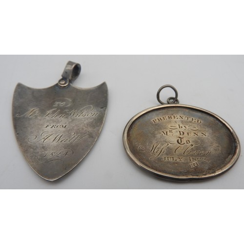 353 - TWO GEORGE III PRESENTATION LABELS, A VICTORIAN CROWN COIN AND A BONE HANDLED SEAL, the oval silver ... 