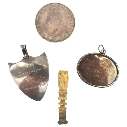 353 - TWO GEORGE III PRESENTATION LABELS, A VICTORIAN CROWN COIN AND A BONE HANDLED SEAL, the oval silver ... 