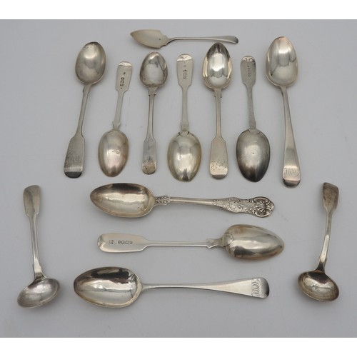 342 - A COLLECTION OF THIRTEEN GEORGE III AND VICTORIAN SILVER SPOONS, the lot comprising of mostly fiddle... 