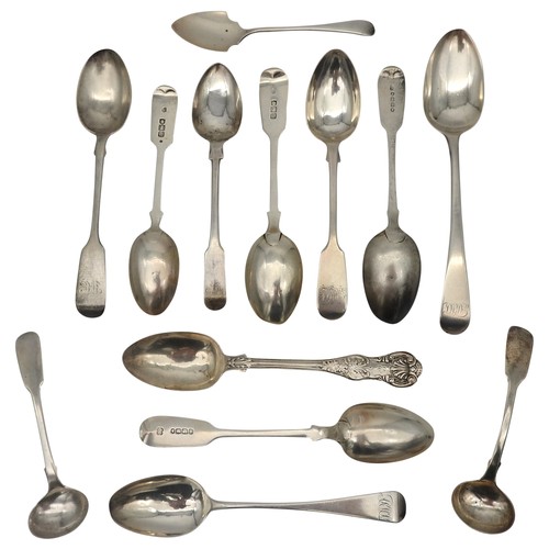 342 - A COLLECTION OF THIRTEEN GEORGE III AND VICTORIAN SILVER SPOONS, the lot comprising of mostly fiddle... 