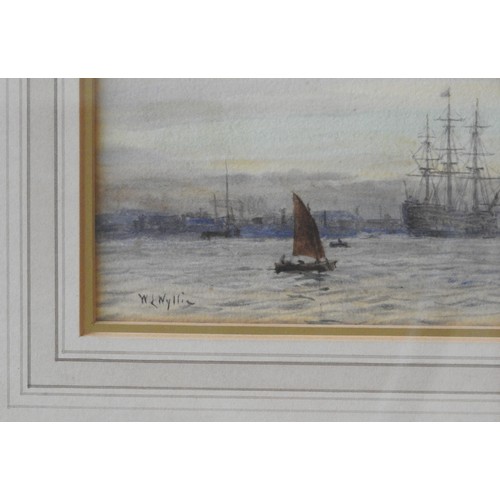 266 - WILLIAM LIONEL WYLLIE RA, (1851-1931) 'VESSELS OFF PORTSMOUTH, INCLUDING HMS VICTORY' WATERCOLOUR, s... 