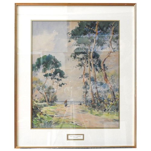 228 - PAUL EMIL LECOMTE (1877-1950) WATERCOLOUR OF FISHERMAN WALKING TO THE BEACH, signed in lower left co... 