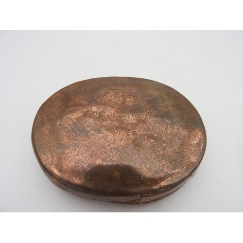 110 - AN UNUSUAL COPPER HAND WARMER, CIRCA 1707simplistic oval form container with lid, inscribed 'W.B Hea... 