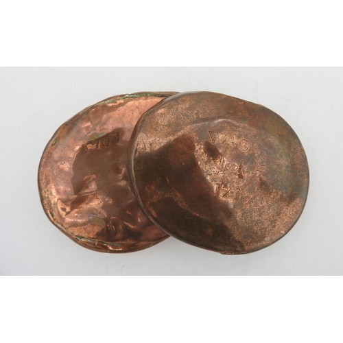 110 - AN UNUSUAL COPPER HAND WARMER, CIRCA 1707simplistic oval form container with lid, inscribed 'W.B Hea... 