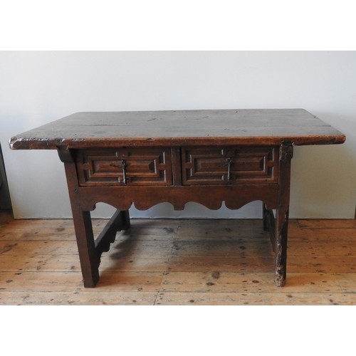 79 - A SPANISH CHESTNUT TRESTLE TABLE, LATE 17TH / EARLY 18TH CENTURY, two panelled frieze drawers over s... 