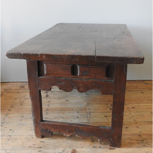 79 - A SPANISH CHESTNUT TRESTLE TABLE, LATE 17TH / EARLY 18TH CENTURY, two panelled frieze drawers over s... 