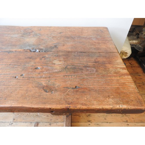 80 - A PINE REFECTORY TABLE, EARLY 19TH CENTURY, simplistic rustic form, substantial twin board top sat a... 