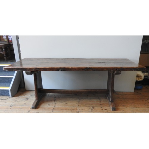 80 - A PINE REFECTORY TABLE, EARLY 19TH CENTURY, simplistic rustic form, substantial twin board top sat a... 