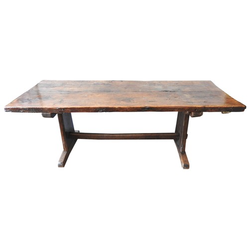 80 - A PINE REFECTORY TABLE, EARLY 19TH CENTURY, simplistic rustic form, substantial twin board top sat a... 