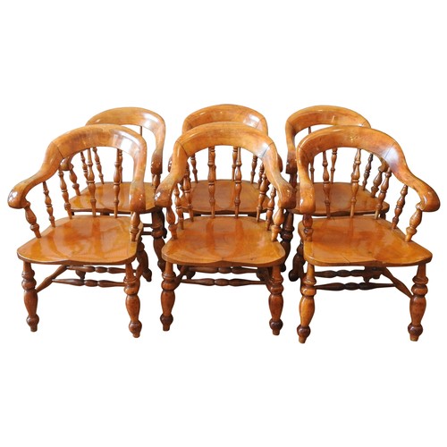 82 - A SET OF SIX 19TH CENTURY GOLDEN OAK SMOKERS BOW CHAIRS, curved scrolling top rail supported by grad... 