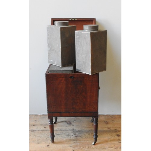 43 - A REGENCY MAHOGANY TEAPOY, CIRCA 1820, simplistic square form, the hinged top enclosing zinc cannist... 