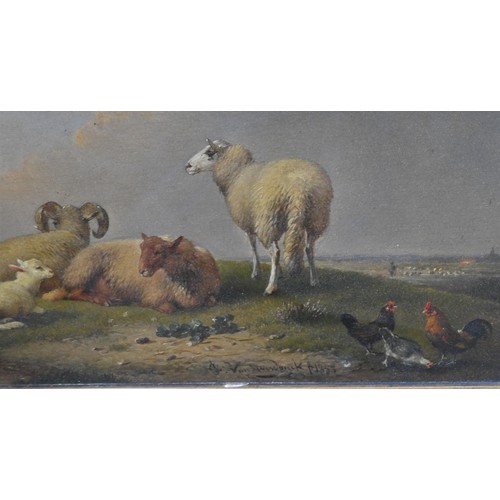 268 - FRANZ VON SEVERDONCK (1809-1889) OIL PAINTING ON BOARD OF SHEEEP AND POULTRY IN PASTURE (1853),signe... 