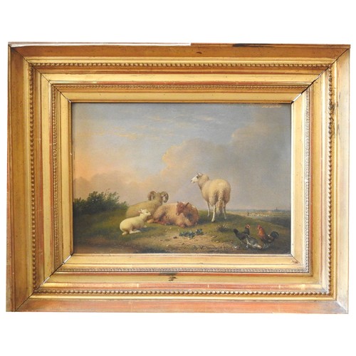 268 - FRANZ VON SEVERDONCK (1809-1889) OIL PAINTING ON BOARD OF SHEEEP AND POULTRY IN PASTURE (1853),signe... 