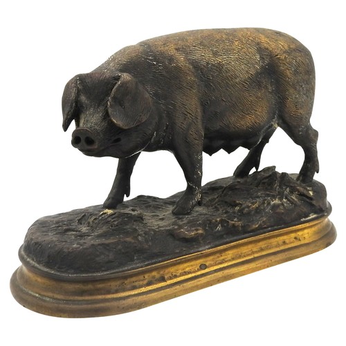 288 - AFTER PIERRE JULES MENE (1810-1879) GILT BRONZE FIGURE OF SOW, on a naturalistic modelled base14 x 2... 