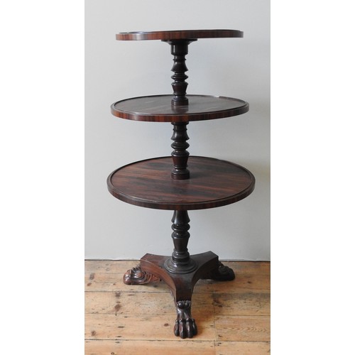 81 - AN IMPRESSIVE EARLY GEORGE III ROSEWOOD DUMB WAITER, CIRCA 1750, three graduated circular revolving ... 