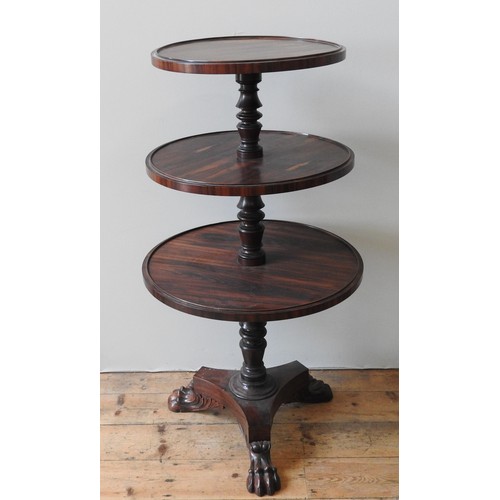 81 - AN IMPRESSIVE EARLY GEORGE III ROSEWOOD DUMB WAITER, CIRCA 1750, three graduated circular revolving ... 