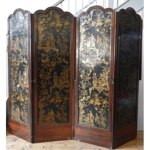 85 - A CHINOSERIE DECORATED SIX FOLD SCREEN, 19TH CENTURY, the arched leather panels decorated with scene... 