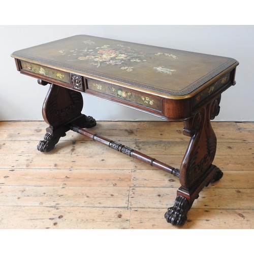 83 - A REGENCY ROSEWOOD CENTRE TABLE, CIRCA 1815, the slate top hand painted with floral spray decoration... 