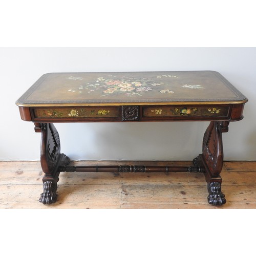 83 - A REGENCY ROSEWOOD CENTRE TABLE, CIRCA 1815, the slate top hand painted with floral spray decoration... 