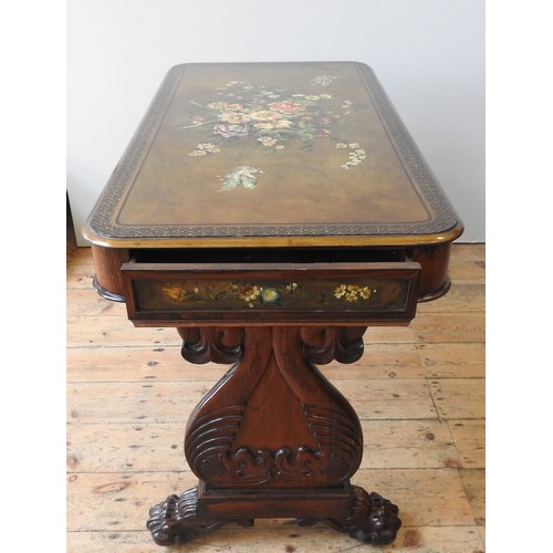 83 - A REGENCY ROSEWOOD CENTRE TABLE, CIRCA 1815, the slate top hand painted with floral spray decoration... 