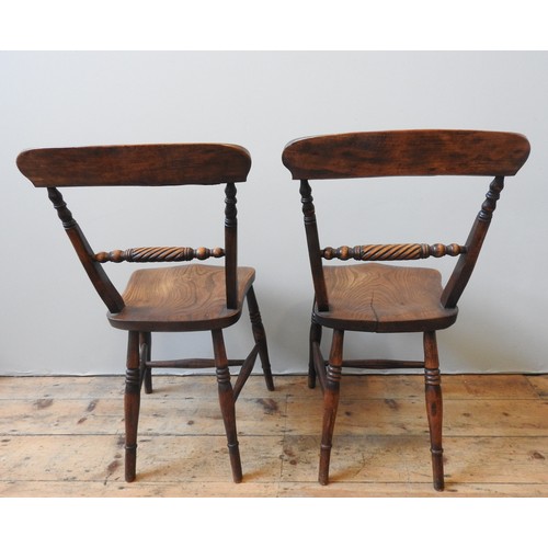 29 - A SET OF SIX COUNTRY CHAIRS, 19TH CENTURYballoon backs with bobbin rope twist bar, saddle seat panel... 