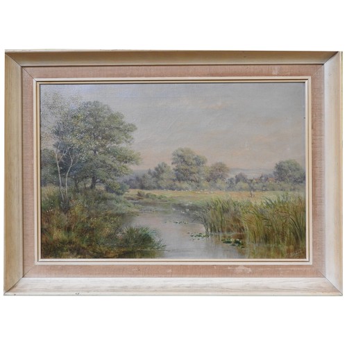 220 - AN EARLY 20TH CENTURY OIL PAINTING ON CANVAS OF RIVER SCENE, with figures and village beyond, signed... 