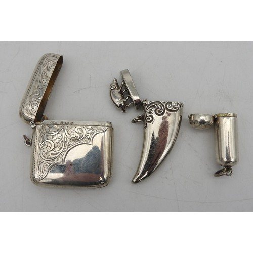 317 - AN EDWARDIAN SILVER VESTA, SILVER PIN CASE AND WHITE METAL VESTA, the white metal vesta modelled as ... 