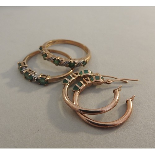 295 - TWO GOLD RINGS AND A PAIR OF YELLOW METAL HOOP EARRINGS, all set with semi precious stones, the two ... 