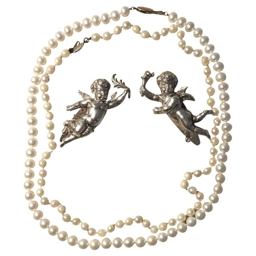 296 - TWO CULTURED PEARL NECKLACES AND TWO VINTAGE SILVER CHERUB BROOCHES, both necklaces with 9ct gold cl... 