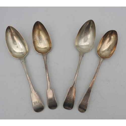 338 - A PAIR OF SCOTTISH SILVER GEORGE III SERVING SPOONS, along with two English and Irish serving spoons... 