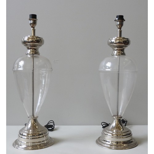 117 - A PAIR OF CONTEMPORARY GLASS TABLE LAMPS,Amphora form, with chrome plated bases and collars, and dru... 