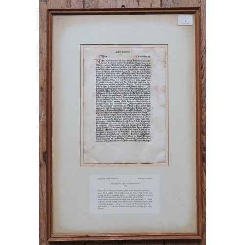 205 - A SINGLE LEAF FROM HIGDEN'S POLYCHRONICON, (1482) PRINTED BY WILLIAM CAXTON, five years after establ... 