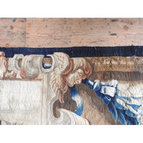 360 - A FINE LATE 17TH /18TH CENTURY FRENCH BORDER TAPESTRY, central scroll cartouche depicting rural scen... 