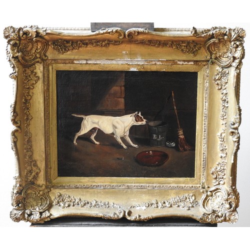 225 - A 19TH OIL PAINTING OF A DOG AND CAT IN A YARD SETTING, next to a broom and pail, artist unknown, th... 