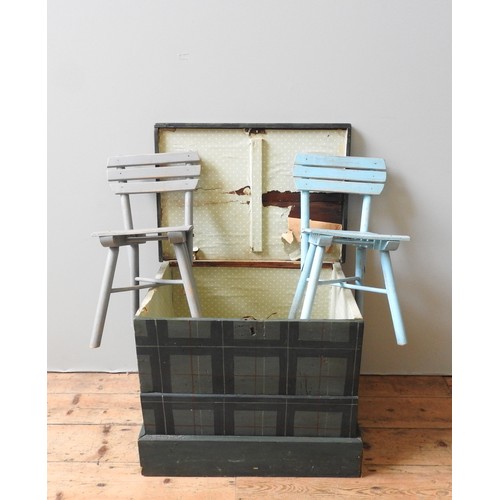 376 - A 19TH CENTURY PINE BLANKET TRUNK AND TWO SLATTED CHILDREN'S CHAIRS, the trunk painted with a tartan... 