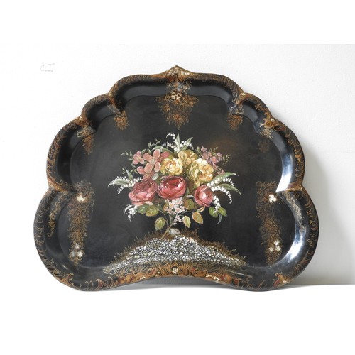 378 - A VICTORIAN LACQUERED PAPIER MACHE TRAY, attractive scroll edge form with hand painted floral spray ... 