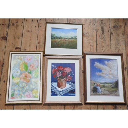 387 - SHIRLEY REYGATE 'THE POPPY FIELD' WATERCOLOUR AND THREE OTHER PICTURES, the lot comprising of the re... 