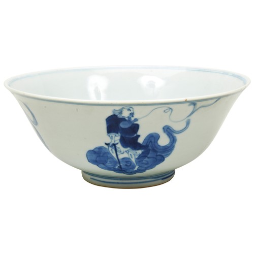 68 - BLUE AND WHITE IMMORTALS BOWLQING DYNASTYthe sides painted with immortals and their characteristic a... 