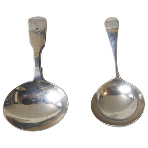 316 - TWO SILVER CADDY SPOONS, 18TH/CENTURY, the larger fiddle pattern spoon marked London 1851 (indistinc... 