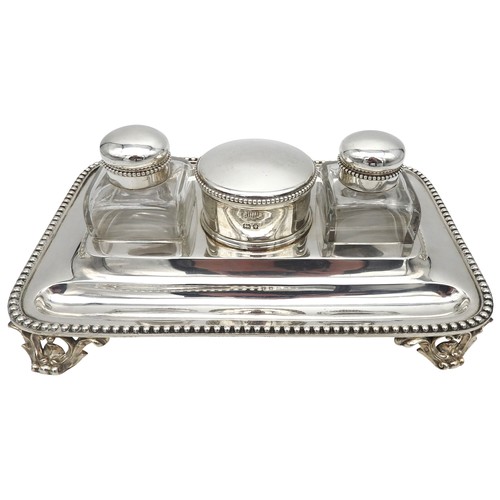 350 - A SILVER INK STAND, rectangular form with beaded edge, square cut recesses for the two square form i... 