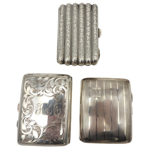 322 - THREE SILVER CIGARETTE CASES, TWO EDWARDIAN AND ONE GEORGE V, various engraved and engine turned dec... 