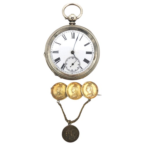 291 - A SILVER POCKET WATCH AND 'THREEPENCE' BROOCH, LATE VICTORIAN, the pocket watch bears the mark of Fr... 