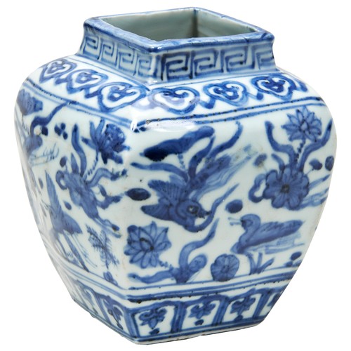 74 - GOOD BLUE AND WHITE 'DUCKS AND LOTUS' SQUARE JAR LATE WANLI PERIOD, CIRCA 1620the sides painted in t... 