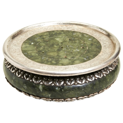 328 - A SILVER MOUNTED SPINACH JADE CENSER AND COVERTIBET, LATE 19TH CENTURYof compressed circular form, t... 