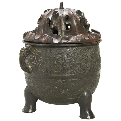 9 - LARGE AND IMPRESSIVE ARCHAISTIC BRONZE TRIPOD CENSERLATE MING DYNASTY, 17TH CENTURYof globular sides... 