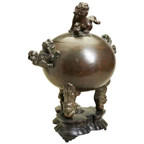 7 - IMPRESSIVE INLAID BRONZE COVERED CENSER AND STAND, LATE QING DYNASTYthe globular sides inlaid with w... 