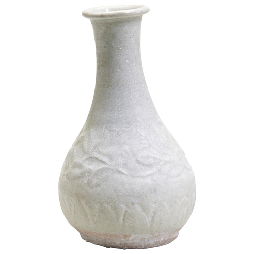 178 - PALE CELADON BOTTLE VASESONG DYNASTY (960-1279)the baluster sides carved with a band of scrolling bl... 