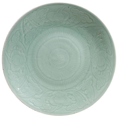 183 - AN INCISED CELADON 'LOTUS' DISHQING DYNASTY, 19TH CENTURYthe shallow dish incised with a central lot... 