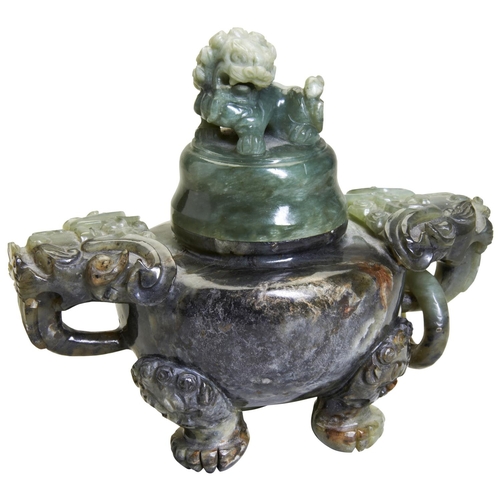 326 - A CARVED GREEN HARDSTONE CENSER AND COVERLATE QING / REPUBLIC PERIODof compressed globular form with... 